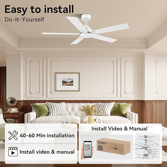 52 Inch Ceiling Fans with Lights,Smart Ceiling Fan with Light and Remote Control,Alexa,APP,White Indoor Outdoor Ceiling Fans for Bedroom,Living Room,Patio,5 Blades,Dimmable LED,6 Speed,Quiet DC Motor
