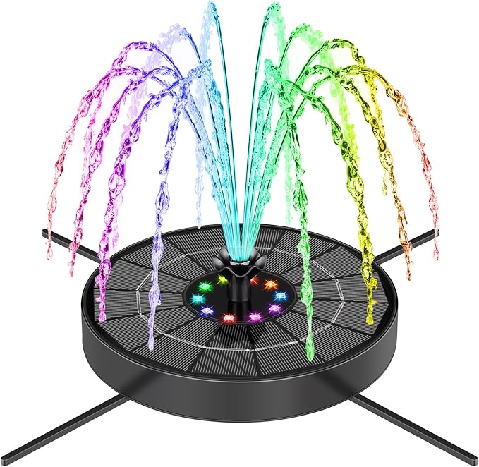 Solar Fountain Pump with 3 Spray Height Adjustments, Upgraded Glass Solar Bird Bath Fountains with LED Lights,6 Nozzles,Outdoor Solar Water Fountain Pump for Bird Bath, Garden, Pool, Pond