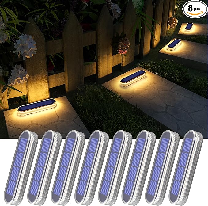 YiLaie Stick on Solar Step Lights Outdoor Waterproof, Small Solar Stair Lights Auto ON/Off for Deck Dock Driveway Mailbox Warm White (8 Pack)