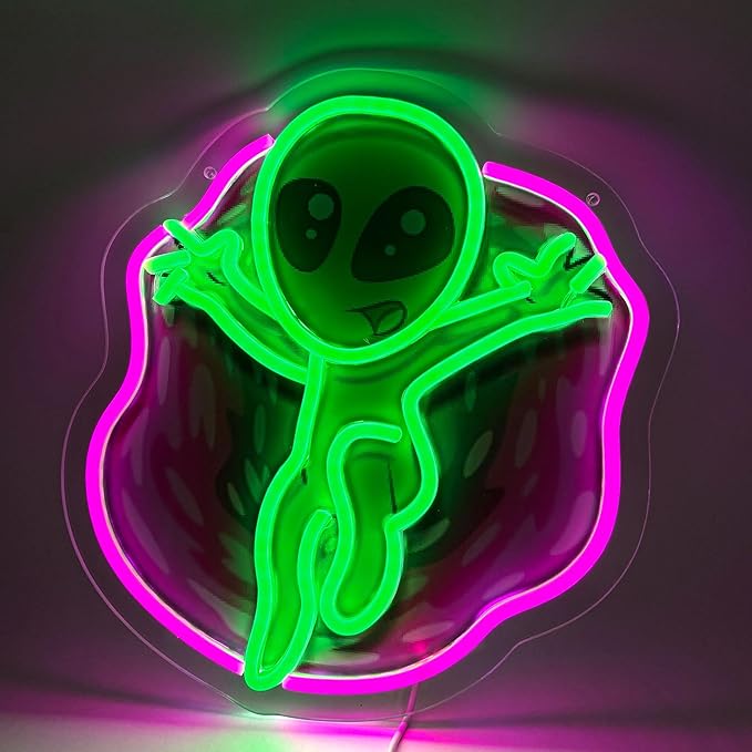 Alien LED Neon Sign, Green UFO Alien Neon Light for Wall Decor, USB Powered Neon Wall Light for Game Room, Bedroom, Party, Bar, with UV