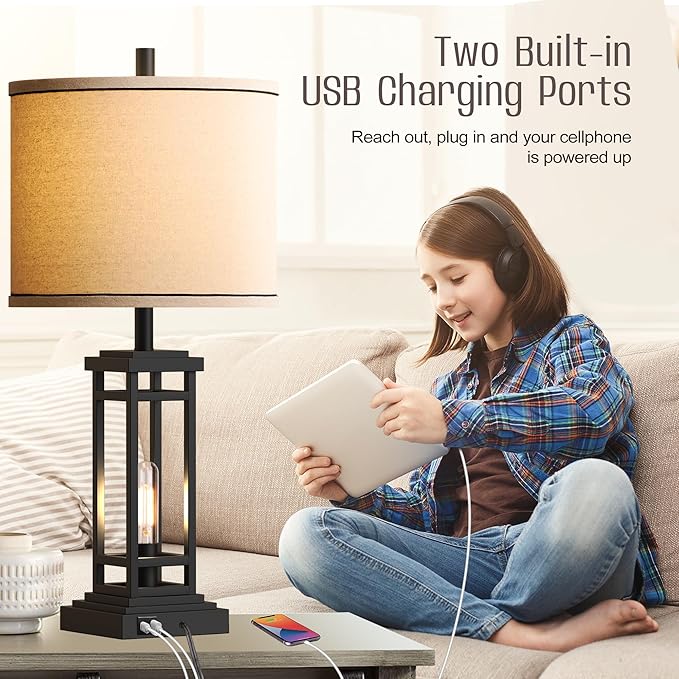 ROTTOGOON 27.5 Tall Farmhouse Table Lamp with USB C + USB A Charge Ports, Rustic Living Room Lamp, Black Industrial End Table Lamp for Bedroom Living Room Nightstand (Black)