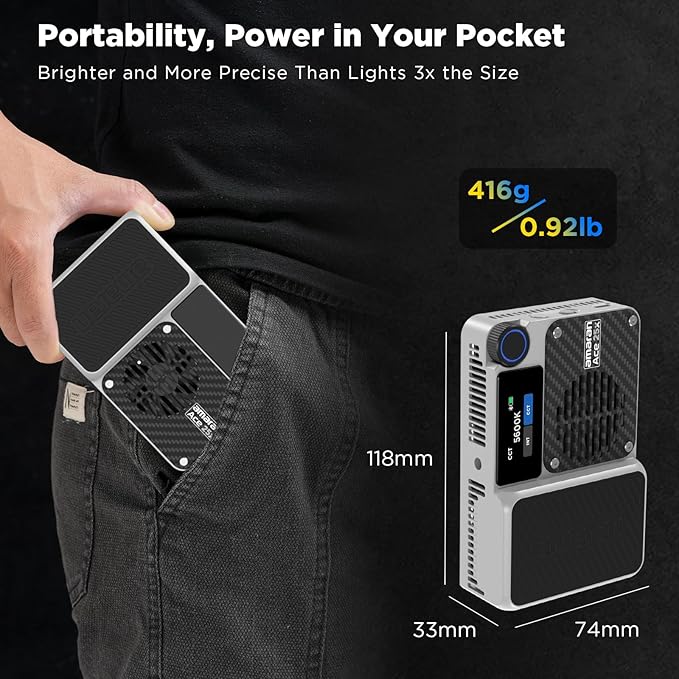 Amaran Ace 25x Pocket Bi-Color LED Light: Boost Mode Up to 32W, Bi-Color Mini Video Light (2,700-6,500K), 1,636 Lux@1m, 4,500mAh Battery with PD Fast Charging for Mobile Creators (Silver)