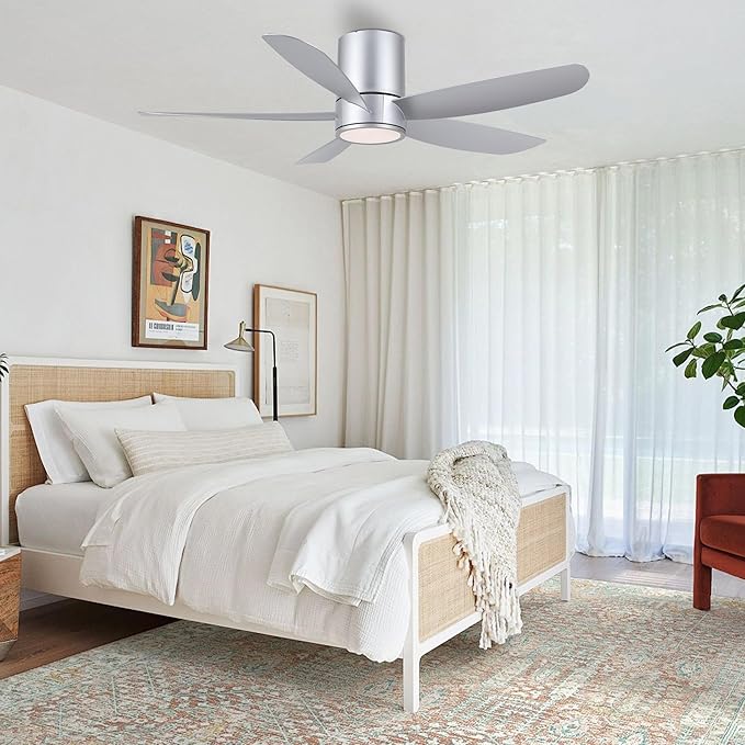 52" Outdoor Ceiling Fan with Light and Remote, ABS Blades, Low Profile Flush Mount Ceiling Fan, Dimmable LED light, Noiseless Reversible DC Motor, for Bedroom/Living Room/Porch (Silver)