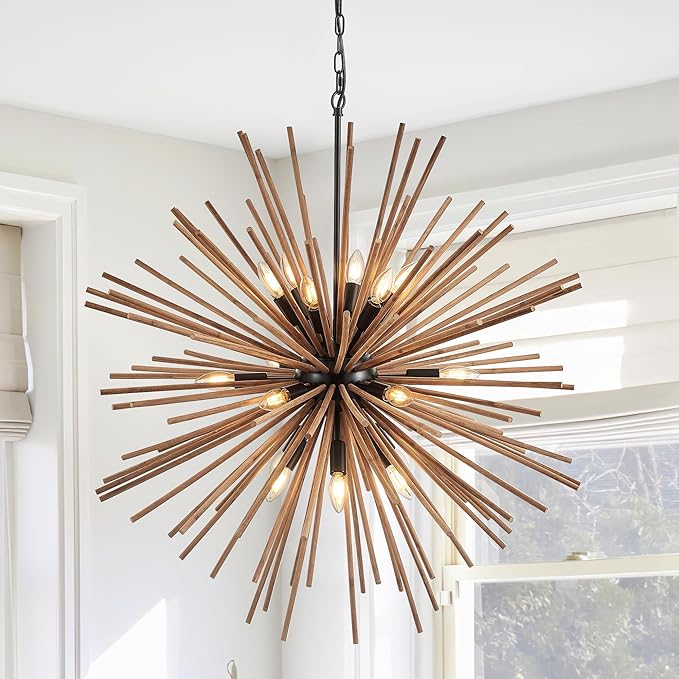 37.4" Farmhouse Sputnik Chandelier for Dining Room Rustic Handmade Natural Wood 18-Light Hanging Ceiling Pendant Light Fixture Starburst Wood Chandeliers for Kitchen Bedroom Foyer Hallway