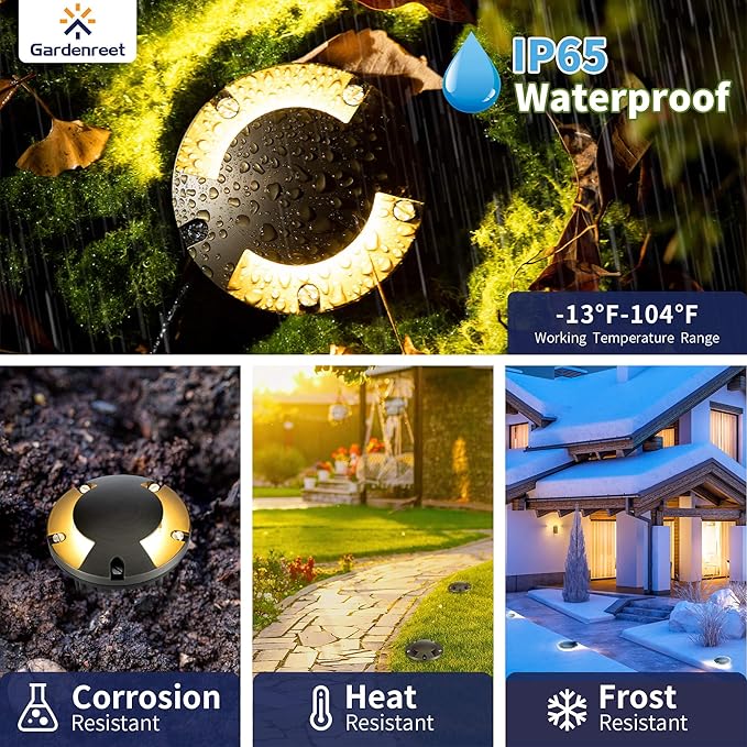 Gardenreet Landscape Brass Well Lights - Brass Hardwired Ip65 Electric In-Ground Lighting, Low Voltage 12V Fixture, Antique Bronze for Outdoor Driveway Backyard with 4000K Neutral White MR16 Bulb