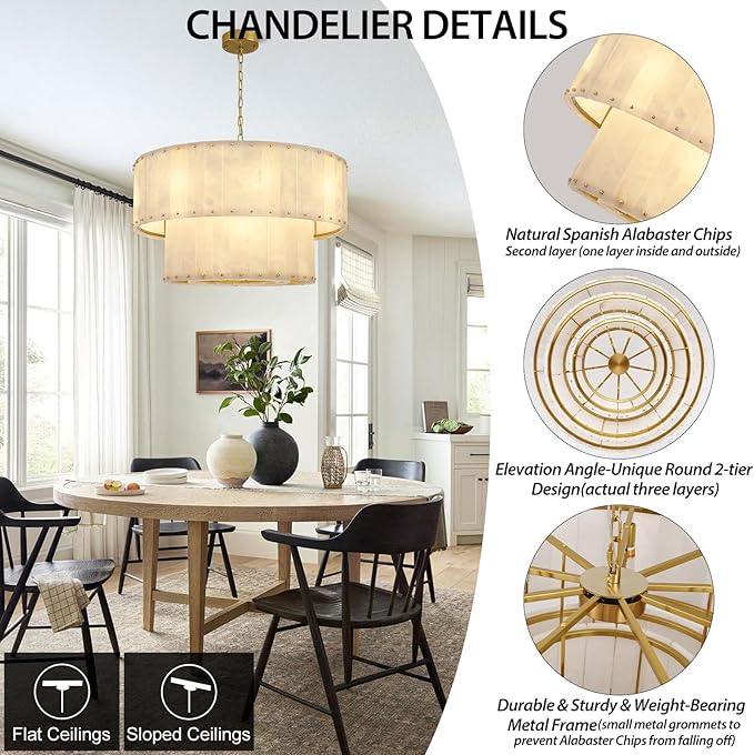 Alabaster Chandelier D32in Spanish Natural Marble Round Chandeliers, 2 Tiers Alabaster Pendant Light,Modern Living Room Chandelier, Dimmable Gold Chandeliers for Dining Room,Bedroom,Bathroom,Entryway
