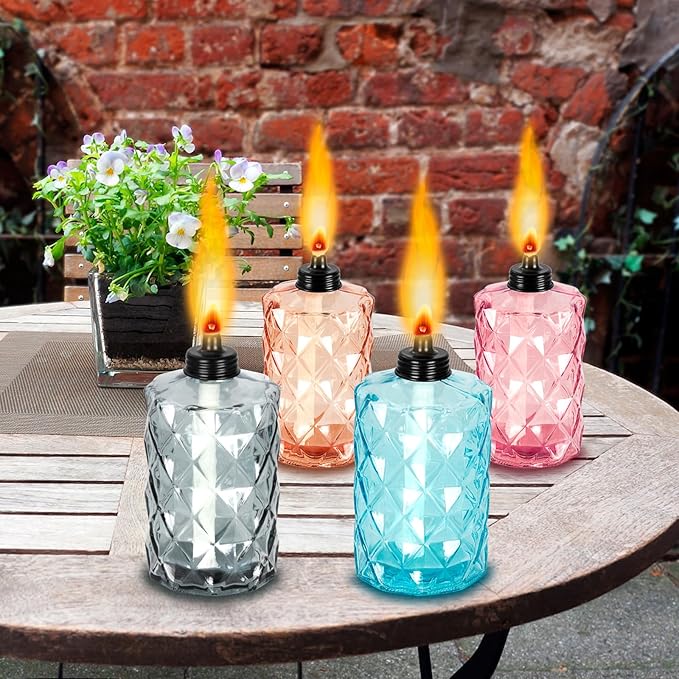 Nonley Glass Table Top Torches, 4 Pack Citronella Torches for Outside, 12oz Flame Light Torch,Refillable, Wick and Cap Included, Landscape Lanterns Torches for Garden Yard Patio Party Decor