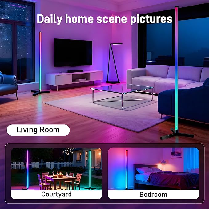 RGB LED Corner Floor Lamp, 16 Million Colors with Music Sync & Remote Control, Dimmable Foldable Minimalist Floor Lamp for Gaming Room, Living Room, Bedroom, Christmas Party Decor