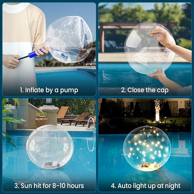 Solar Floating Pool Lights, 14" Inflatable Warm White LED Pool Lights That Float, Waterproof Pool Light Balls, Pool Accessories for Swimming Pools Yard Patio Party Outdoor Decor - 4 Pack