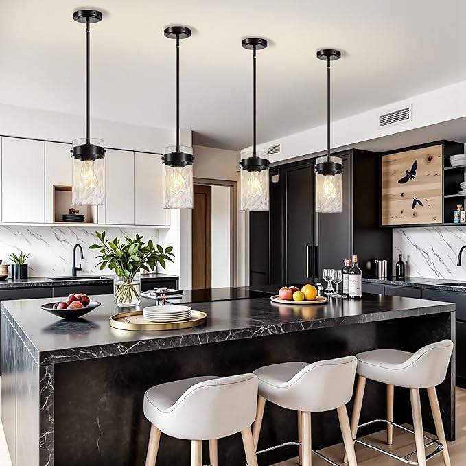 4.72" Hammered Glass Pendant Lighting for Kitchen Island 2 Pack, Modern Black Pendant Light Fixtures, Adjustable Ceiling Pendant Light for Kitchen Island Dining Room Bedroom Hallway