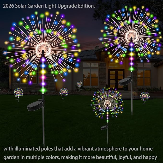 2 Pack 250LED Solar Garden Lights Outdoor, Dual Lighting Modes Firework Lights Solar Powered, Waterproof Twinkle Fairy Light Outside for Yard Patio Pathway Christmas Party Decorative (Multicolor)