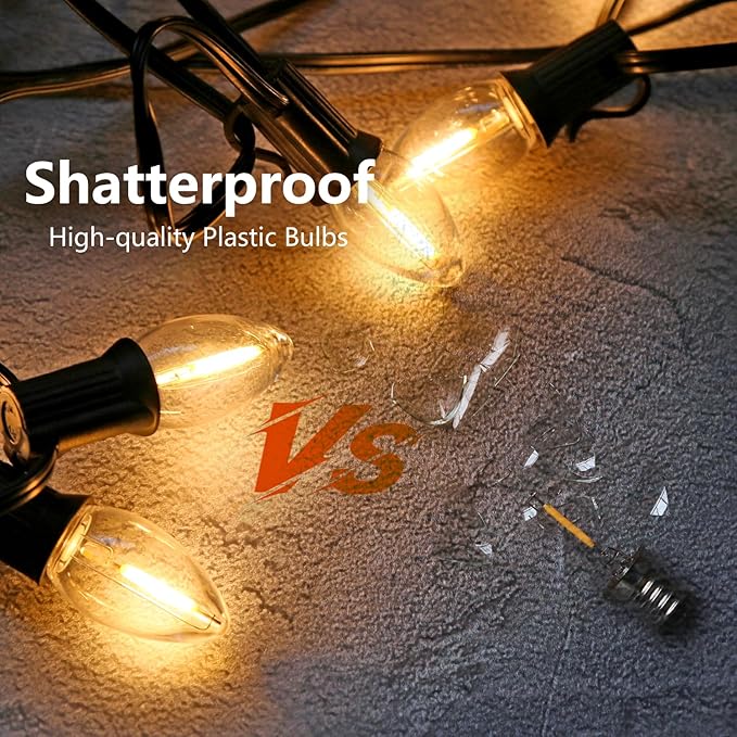 C7 LED Night Light Bulbs, 0.6Watt Equivalent to 7W, E12 Candelabra Small Base, Edison LED Light Bulbs, 2200K Warm White, Clear Plastic, Outdoor String Lights, 6 Pack, Non-Dimmable