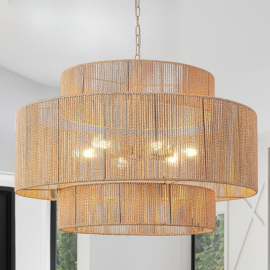 30.7in Large Rattan Chandeliers, 3-Tier Woven Boho Pendant Lights, Hemp Rope Hanging Ceiling Light, Wicker Lighting Fixture for Living Room, Dining Room, Bedroom, Kitchen Island