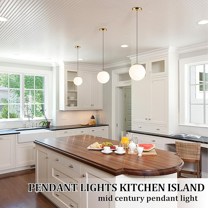 KoKo&Yukina 6-inch mini Modern Globe Pendant Light Opal Glass with Brass Finish Contemporary Mid Century Adjustable Hanging Light Fixture Mid Century Pendant Light for Living Room Bedroom Kitchen