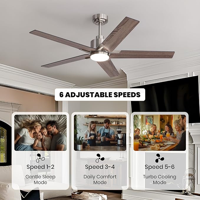 52 Inch Ceiling Fans with Lights and Remote Control for Bedroom, Modern Nickel Ceiling Fan with Quiet Reversible DC Motor, 3CCT, Dimmable, LED Lighting for Living Room, Patio, Indoor and Outdoor