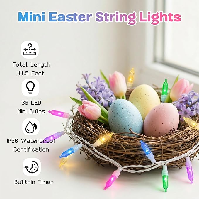 30 LED Easter Mini Lights - 11.5Ft Pastel Colored Battery String Light with 8 Modes, Timer, Waterproof - Fairy Christmas Lighting for Outdoor Tree Bedroom House Party Garland Decorations - White Wire