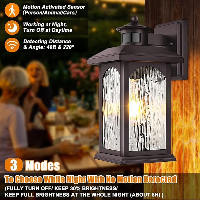 Brown Motion Sensor Outdoor Wall Sconce - Smart Dusk to Dawn Outdoor Lighting, Oil Rubbed Bronze Outdoor Wall Lights & Exterior Light Fixtures, Porch Lights with Water Rippled Glass for Garage House