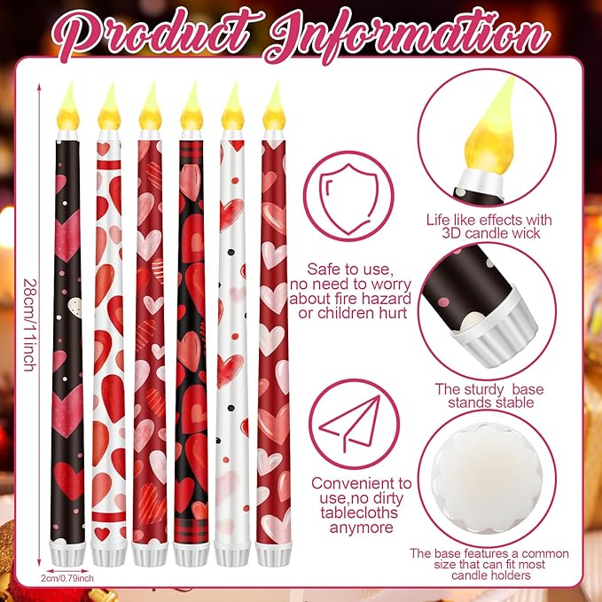 6 Pcs Valentines Day LED Flameless Candle Set Valentine Day Flameless Taper Candles with Heart Battery Operated Seasonal Celebration with Remote for Wedding Romantic Night