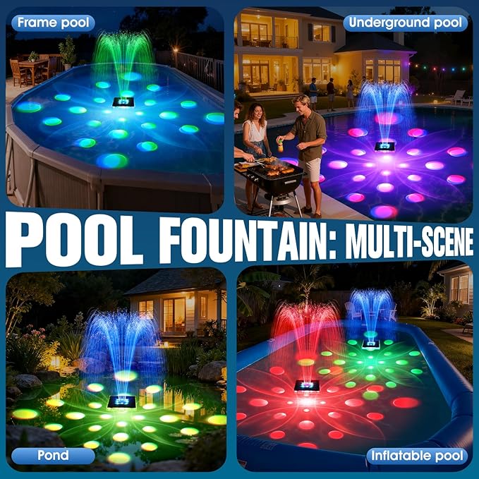 2026 Patent Solar Fountain,Floating Solar Pool Fountain with 9 Lights & Anchor,Large Solar Powered Water Fountain for Above Ground Pool Fountain Pump,Waterproof Floating Fountain for Pool-Light Blue