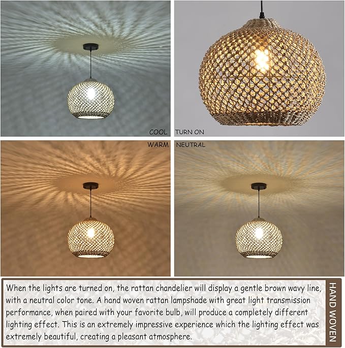 Rattan Pendant Light Fixture,13.79" Boho Rattan Kitchen Island Seagrass Lighting, Hand Woven Coastal Wicker Chandelier,for Farmhouse Dining Room Entryway Foyer 1-Light