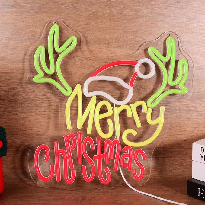 Merry Christmas Neon Sign with Deer Antlers and Santa Hat, Cute Happy New Year Decor for Home, Holiday Party Decorations, Xmas Lights for Wall Window Bar