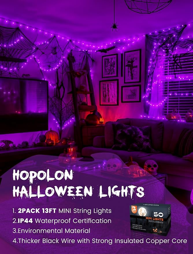 Hopolon Purple Halloween Lights,2PACK 13ft 50Count Halloween Decorations Mini Purple String Lights with Black Wire Waterproof UL Certified for Indoor Outdoor Christmas Tree Home Party Garden Holiday