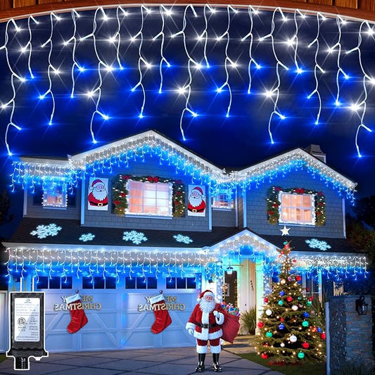 810 LED Christmas Lights with 180 Drops, 82ft 12 Modes Blue and White Fairy String Lights with Timer Dimmable, Waterproof Twinkle Lights for Christmas Indoor Outdoor Holiday Wedding Party Eaves Decor