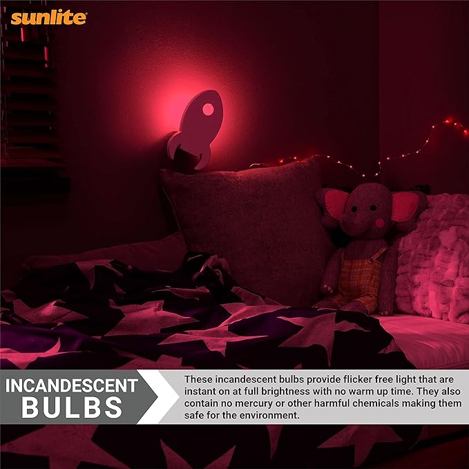 Sunlite 01275 7C7 Incandescent Bulb, 7 Watt, Candelabra E12 Base, C7 Small Night Light, Colored Bulb, Red, 25 Count