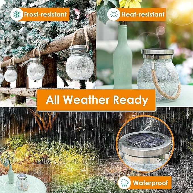 Cooo Christmas Gifts 4 Pack Solar Lanterns Outdoor Waterproof Heavy Crackle Glass 30 LED Warm Firefly Lights Stainless Steel Lid 215% Solar for Women Mom Grandma Outdoor Table Lamps Garden Yard Decor