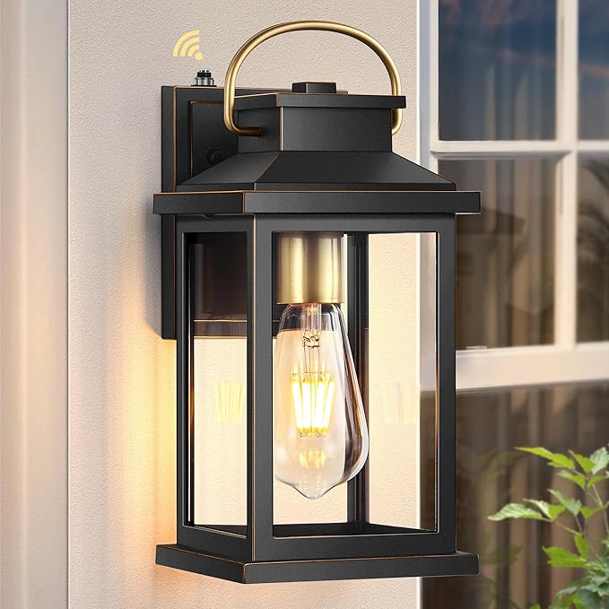 VIANIS Porch Lights Outdoor, Black Gold Accents Dusk to Dawn Exterior Garage Lighting Fixtures Wall Mount for House, Modern Outdoor Wall Sconce Lanterns Lighting for Front Porch Patio, Anti-Rust