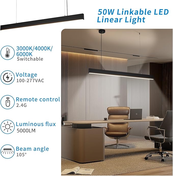 2.4G Remote Series LED Linear Light Fixture with Remote, 4FT 43W Downlight and 7W Uplight, 3000K-6000K Color Changing, Dimmable Hanging Office Shop Light, Black