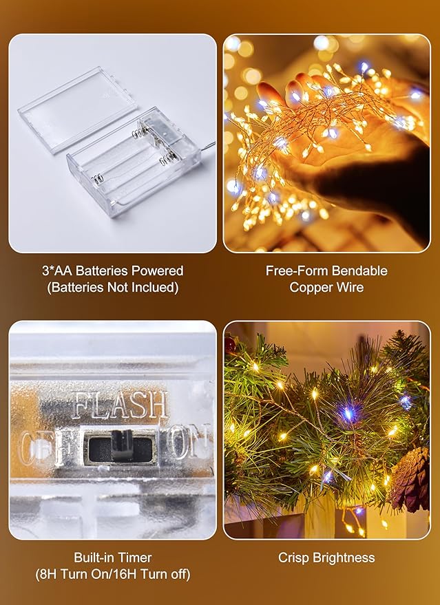 Fairy Lights Battery Operated, 4 Pack 10Ft 120LED Battery Operated Christmas Lights, Waterproof Silver Wire Starry Firefly Light for DIY Crafts Wreath Mason Jars Party Bedroom Christmas Decorations