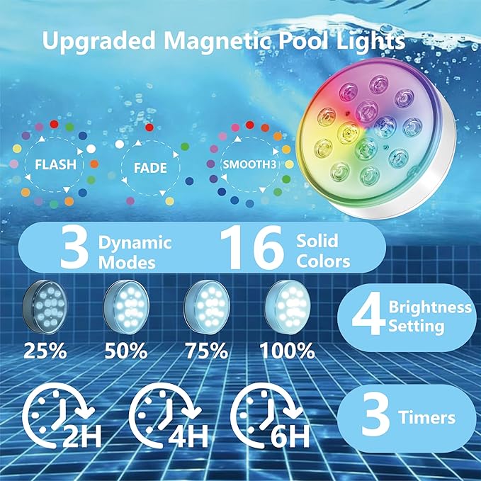 Upgraded Magnetic Pool Lights for Above ground and inground pool, Rechargeable Underwater RGB 16 Colors Submersible LED Lights with Remote & Timer Off, for Hot Tubs, Fountains, Party, Vase - 2 Pack
