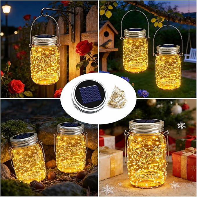 12 Pack Solar Mason Jar Lights for Outside, 30 LED Solar Mason Jar Lids Fairy Lights with 12 Hangers(No Jars) Outdoor Waterproof for DIY Patio Garden Yard Lawn Party Wedding Decoration Warm White
