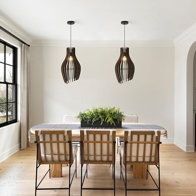 Vintage Wood Pendant Light Fixtures, Modern Farmhouse Walnut Dining Room Chandelier, Mid-Century Ceiling Mount Hanging Light Fixture for Kitchen, Bedroom, Living Room, Foyer, Art Decor, Black