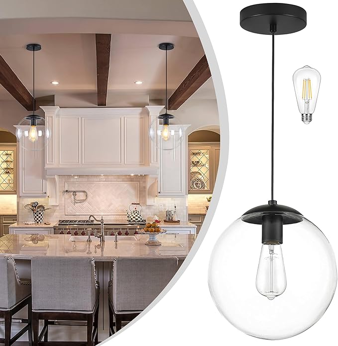KoKo&Yukina 10" Globe Pendant Light Black Mid Century Pendant Light Mid Century Adjustable Hanging Light Fixture Matte Black Finished with Clear Glass Lampshade for Dining Room Bedroom Kitchen Island