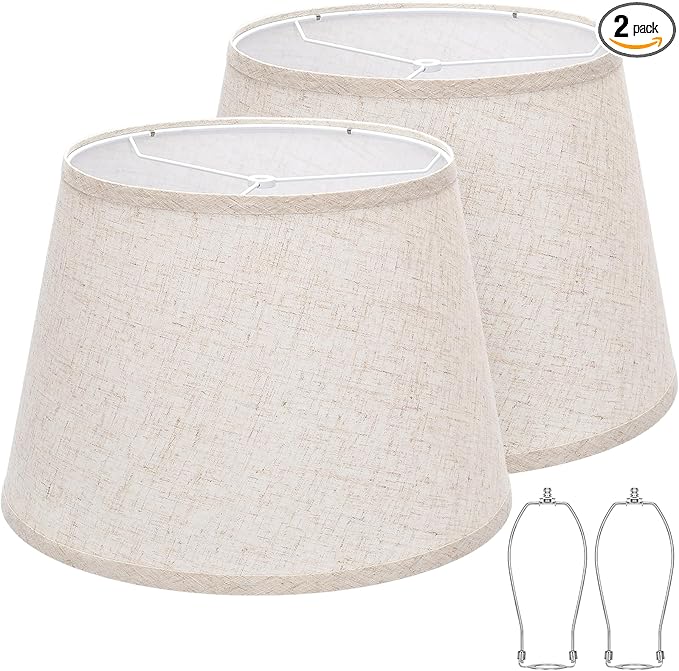 Large Drum Lamp Shades Set of 2, 12"Top x 16"Bottom x 11"High, Beige Lampshades for Table Lamps Floor Lamps, Natural Linen Replacement Lamp Shades, Spider, Harp Holders Included, Easy Assembly