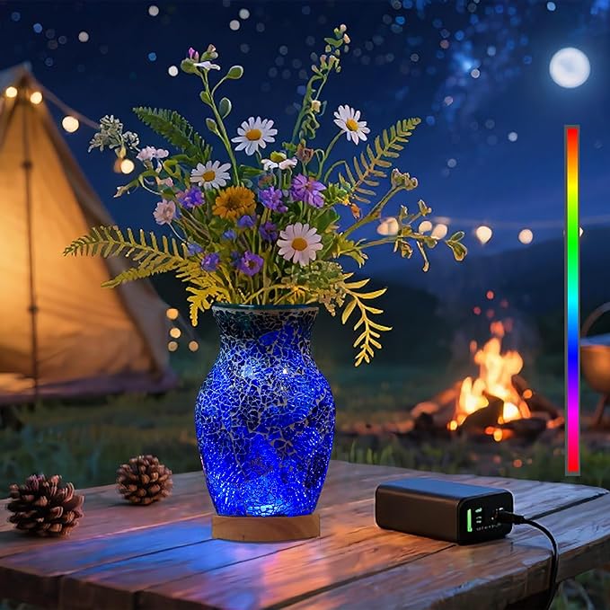 8-Inch Handcrafted Mosaic Cracked-Ice Vase Bedside Lamp with USB-Powered LED Wooden Base,Single-Switch Auto-Cycle RGB Mood Light,Ocean Blue Vase USB Night Light for Party,Camping Decor