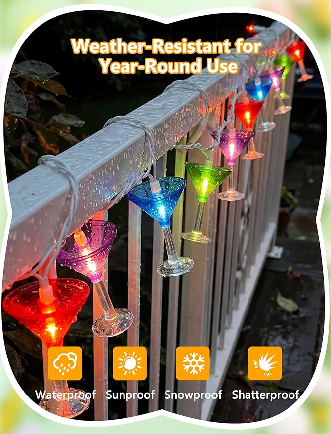 Margarita Party Decorations Lights, 8.5Ft Summer Beach Themed String Lights with 10 Multicolor Cocktail Glass LED Lights, Plug in Summer Decor for Indoor Outdoor Camp Holiday Party Decks Bedroom