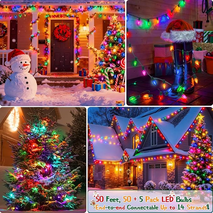 50 Feet Multi-colored C7 LED Christmas Lights Outdoor Colored Christmas Lights Waterproof with 50 + 5 Pack Energy Efficient C7 LED Bulbs (0.6W = 7W) for Colorful Xmas House Stairs Porch Tree Decor