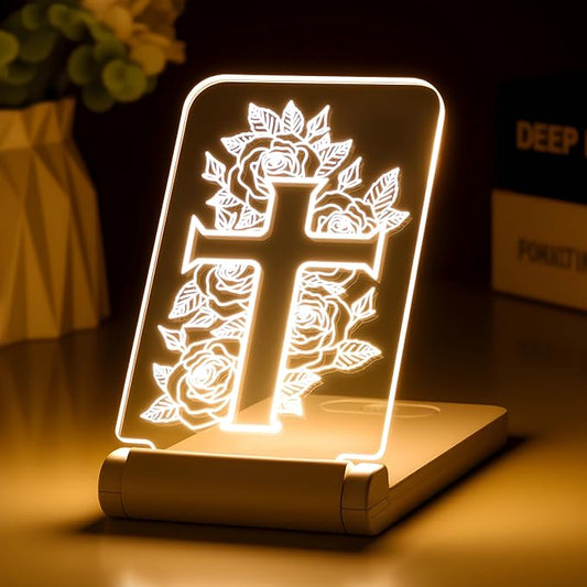 lacte & melle Floral Cross Night Light Christian Gifts for Women Mom - Rose Flower 3D LED Lamp, Dimmable Foldable Religious Decor with Timer, Catholic Christmas Mother's Day Memorial Gift