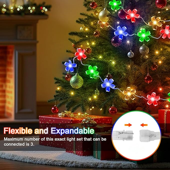LAMPHOME Multicolor Flower String Lights, 33ft 100 LED Cherry Blossom Plug in Easter Christmas Tree Hanging Fairy Lamp, 16funstions Garden Bedroom Indoor Decorations for Fence, Wedding Birthday Party
