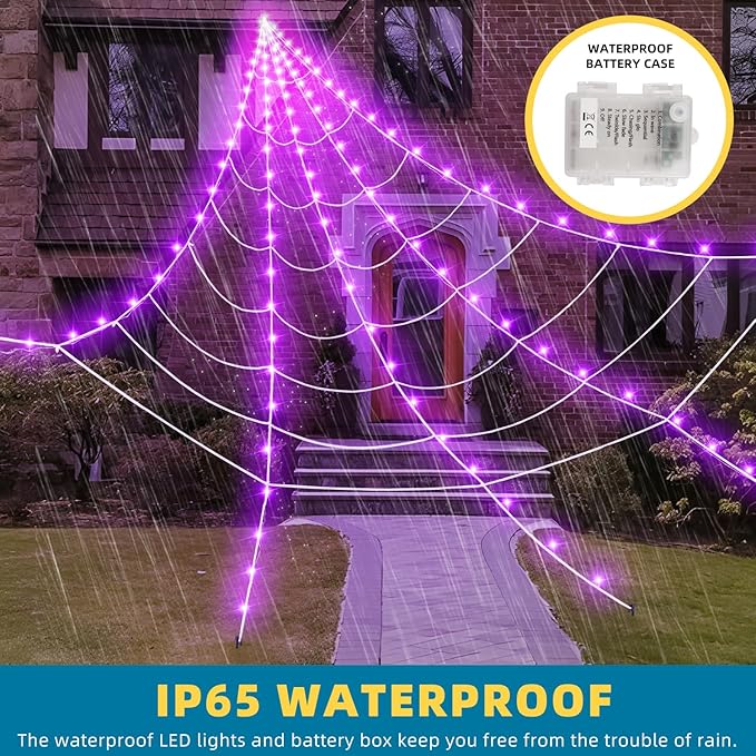 ININ Halloween 200" Spider Web Light Decorations Outdoor/Indoor with 250 LED Lights,Scary Party Decorations,Giant Light Up Spider Web,Halloween Decor for Yard/Lawn/Garden(Purple)