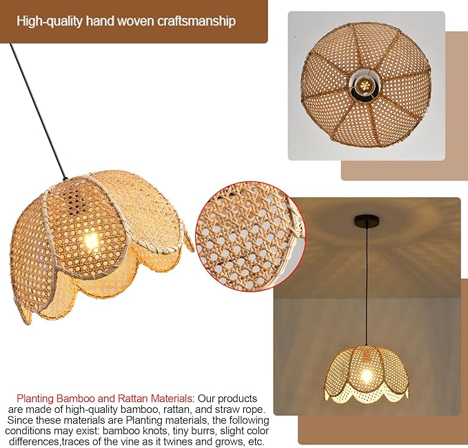 15.75" Rattan Pendant Light Boho Natural Rattan Hanging Lamp,1-Light Hand-Woven Flower Shaped Ceiling Chandelier for Dining Living Bedroom Kitchen Farmhouse