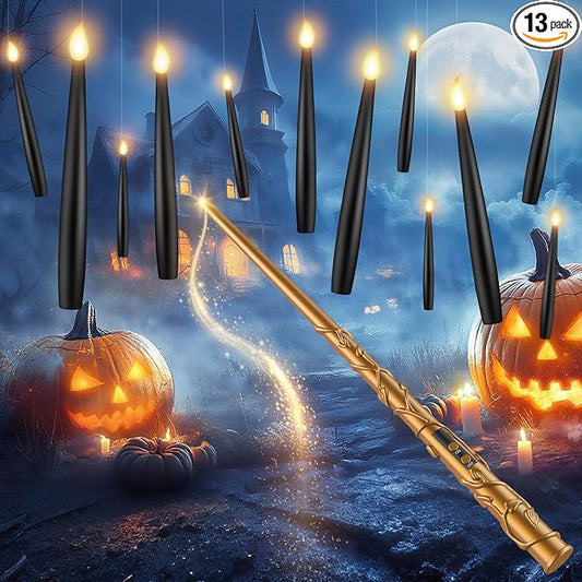 Floating Candles with Wand - 12 Pack Christmas Decorations Black Flameless Candles Flickering Warm Light LED Hanging Candle Remote, Battery Operated Candles for Christmas Outdoor Indoor Party Decor