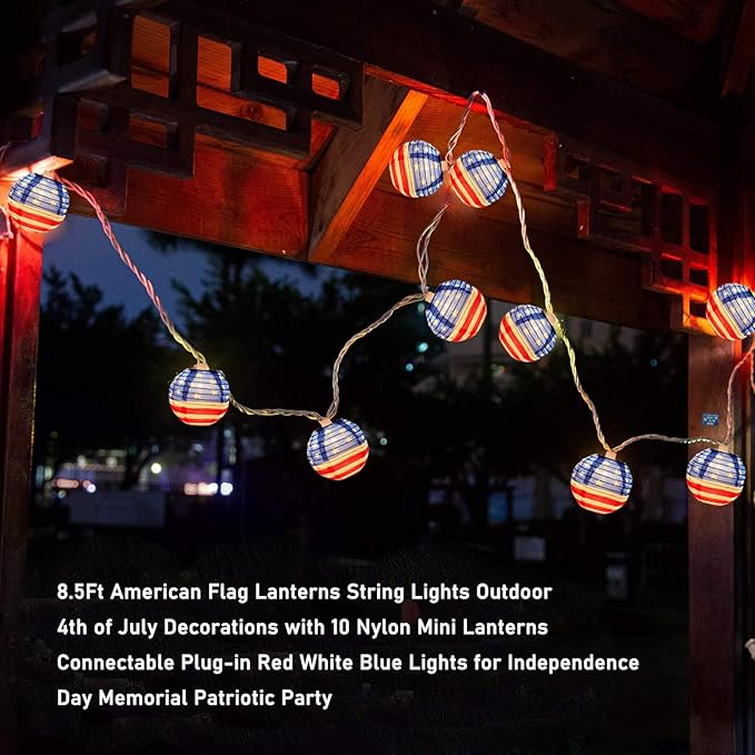 8.5Ft American Flag Lanterns String Lights Outdoor, 4th of July Decorations with 10 Nylon Mini Lanterns, Connectable Plug-in Red White Blue Lights for Independence Day Memorial Patriotic Party