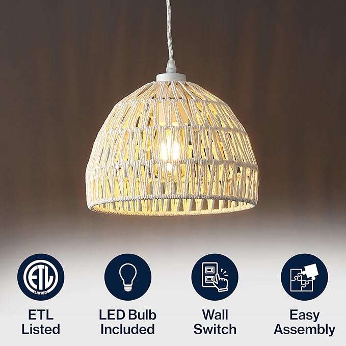 JONATHAN Y 10.25" Cream Modern Bohemian Woven Rope LED Pendant Light Fixture, Adjustable Dome Ceiling Lamp for Kitchen Island, Rope Shade, Coastal Farmhouse Decor (JYL6513C)