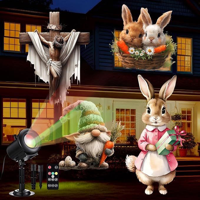 Easter Decorations Projector Light with 12 Film Slides 3 Holidays St. Patrick's Day Easter Valentine, Outdoor Waterproof Landscape Bunny Egg Decorative Lighting Projection Lamp for Party