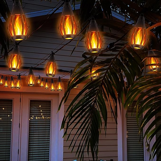 iBaycon Solar Flame Lights, 27Ft 10 LED Bulbs Flickering Flame String Light, Outdoor Waterproof Solar Flame Lights for Garden Yard Lawn Patio Decorations (Warm White)