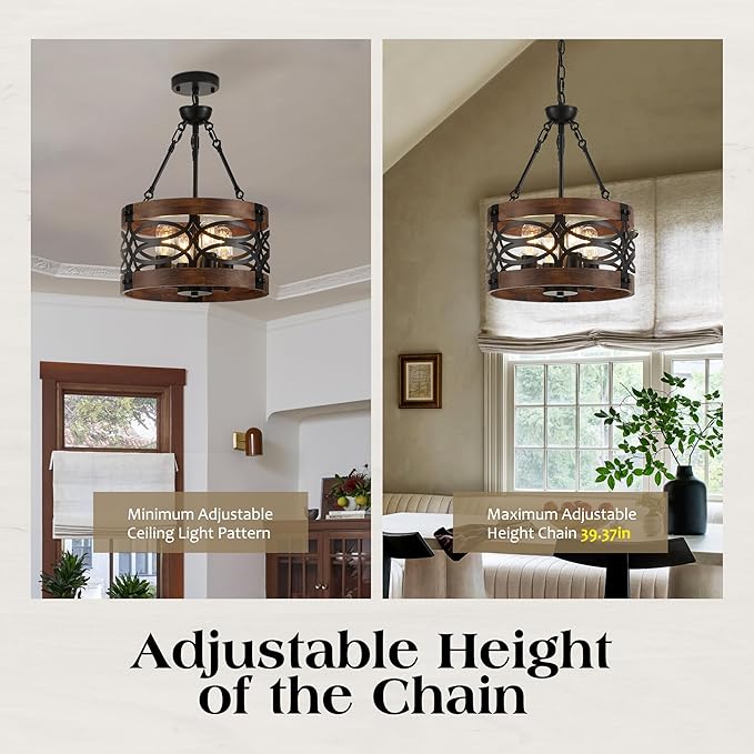4-Light Farmhouse Drum Wood Pendant Light 13.8'' Vintage Rustic Brown Oak Wood Chandeliers,Retro Industrial Hanging Light Fixtures for Dining Room Entryway, Bedroom